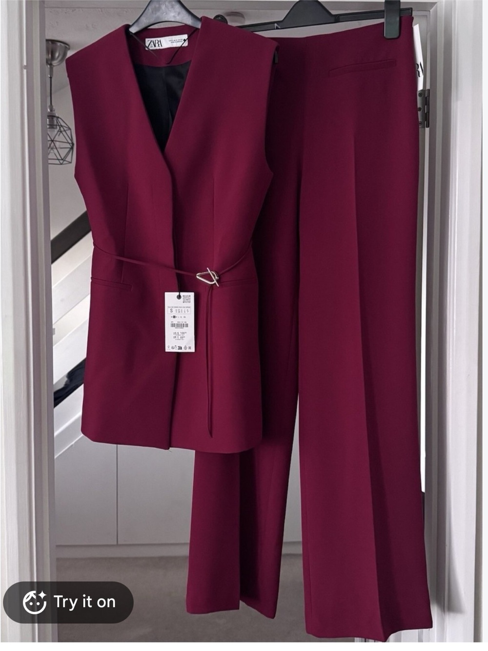 Zara Burgundy Wide-Leg Trousers with Belted Vest Set